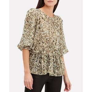 IRO Paris Saggi 100% Silk Leopard Long Sleeve Peplum Blouse Beige Women's Size M